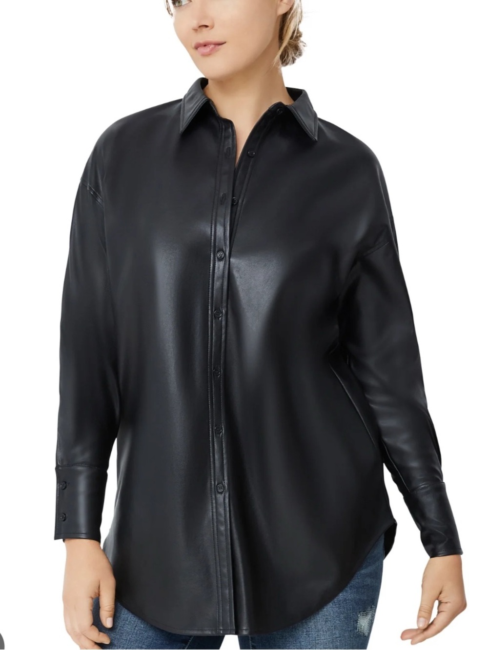 NWT Ellos Black Faux Leather Button Front Tunic Shacket Shirt Jacket Sz 26